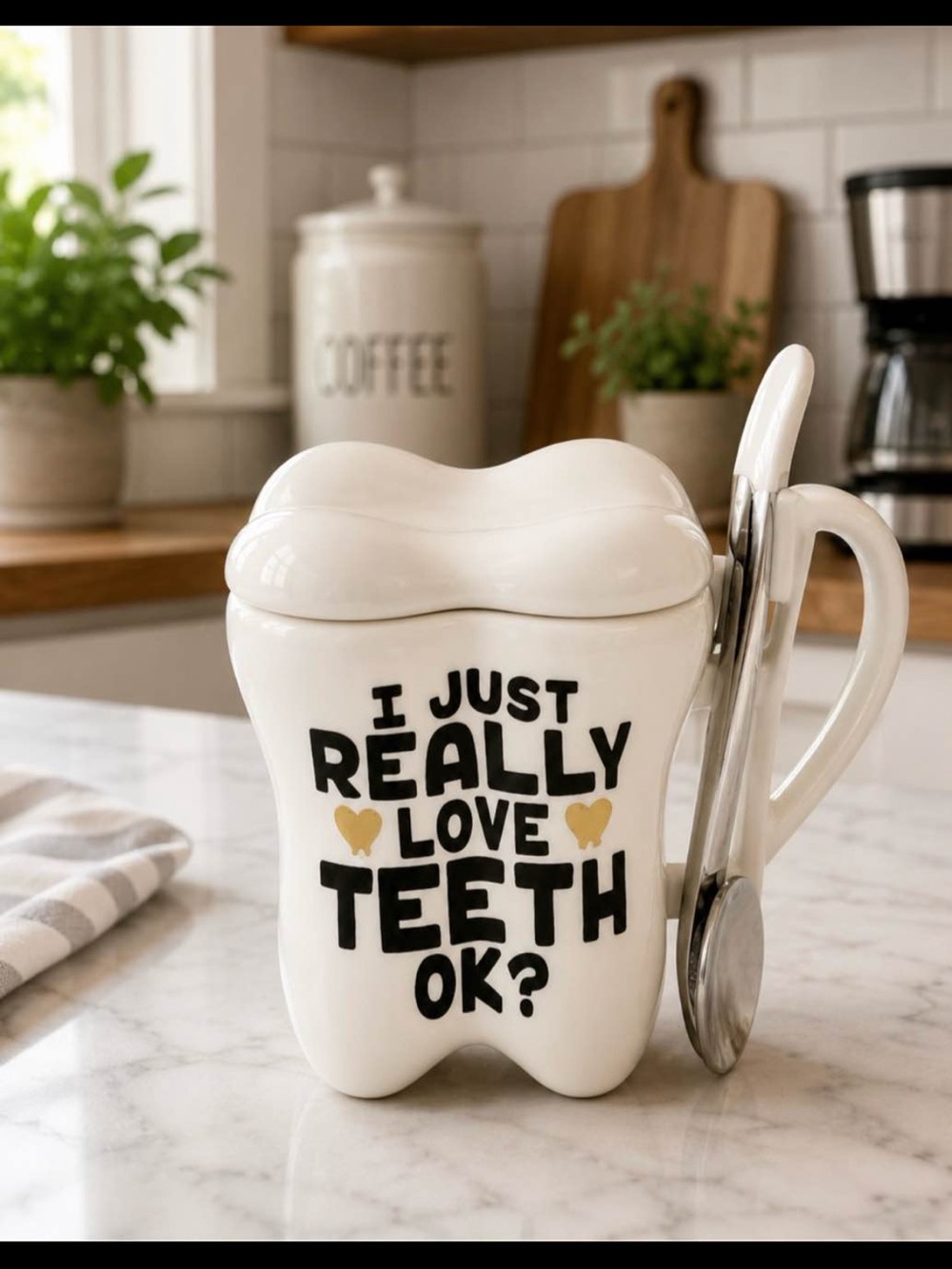 Tooth-Shaped Ceramic Mug with Spoon - White with Black & Gold Text